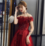 Wine Red Tulle With Beadings And Lace Off Shoulder Evening Gown, Wine Red Prom Dress   gh202