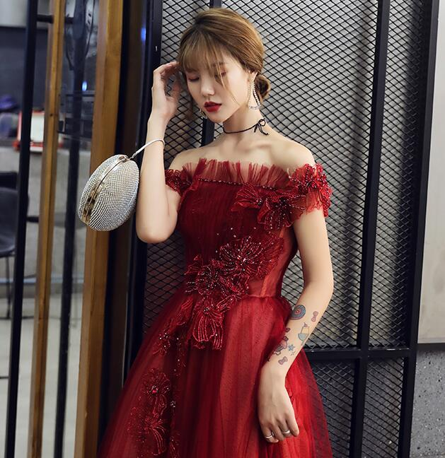 Wine Red Tulle With Beadings And Lace Off Shoulder Evening Gown, Wine Red Prom Dress   gh202