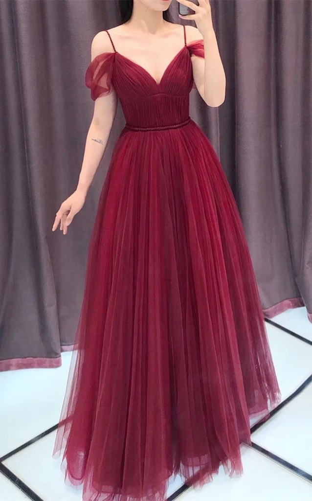 Wine Red Straps Off Shoulder A-Line Tulle Evening Dress Party Dress, Dark Red Prom Dress Formal Gown gh84