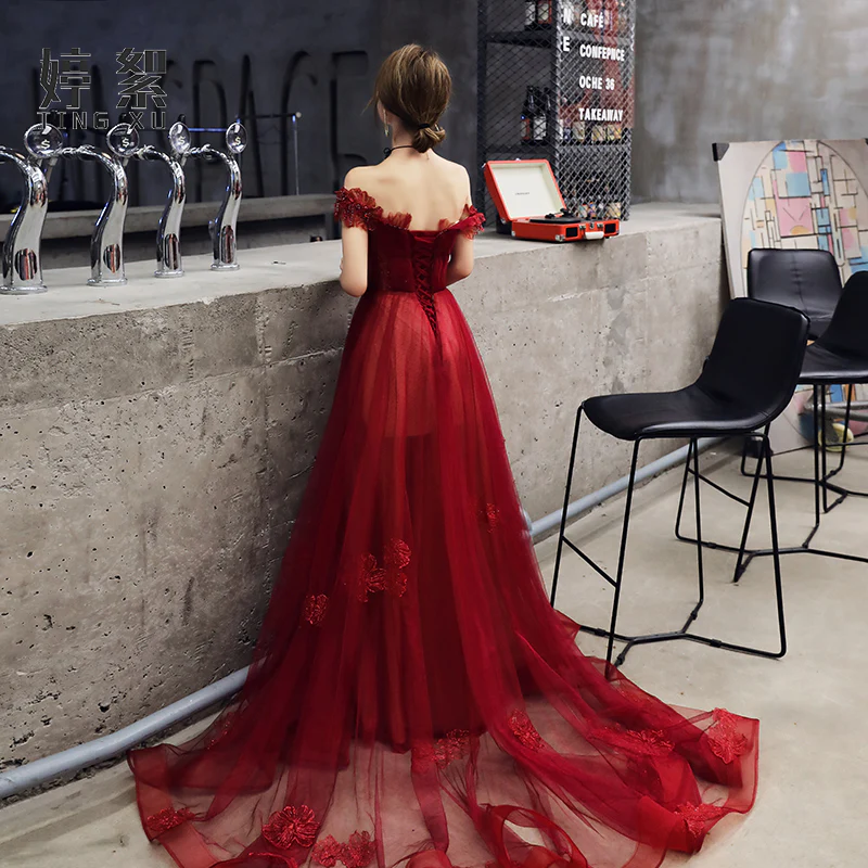 Wine Red Tulle With Beadings And Lace Off Shoulder Evening Gown, Wine Red Prom Dress   gh202