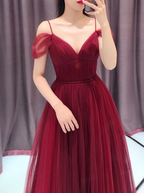 Wine Red Straps Off Shoulder A-Line Tulle Evening Dress Party Dress, Dark Red Prom Dress Formal Gown gh84