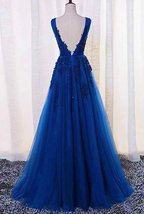 Elegant Blue Lace Applique Long Party Dress, Blue Prom Dress  gh381