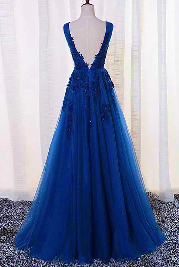 Elegant Blue Lace Applique Long Party Dress, Blue Prom Dress  gh381