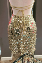 Gold glitter sexy tight spaghetti strap short sequin homecoming dress evening dress cocktail party dress gh1216
