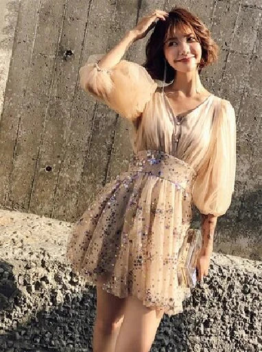 Chic Shiny Champagne Sequin Homecoming Dress V-neck Party Dress Short A-Line Cocktail Dress TP4667