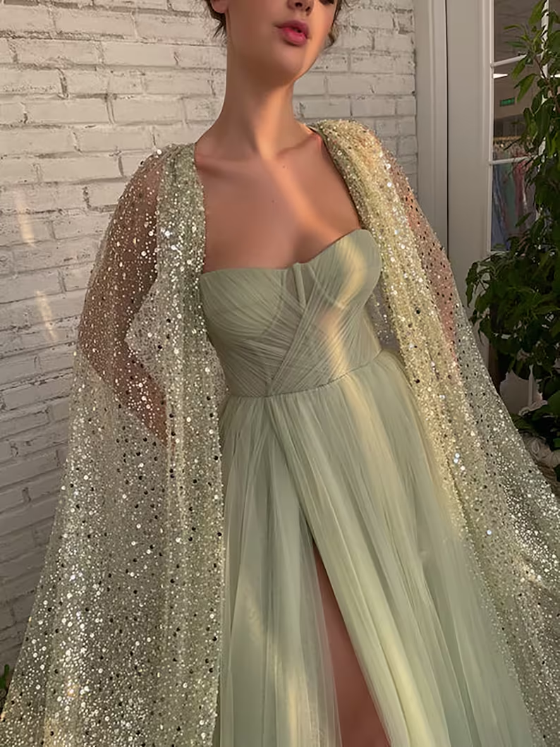 Sage Green Prom dress A line Floor-length Aurora Cape Tulle Prom Dress  gh1828
