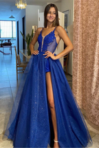 Shiny V Neck Blue Lace Long With High Slit  Sparkly Blue Prom Dresses gh2441