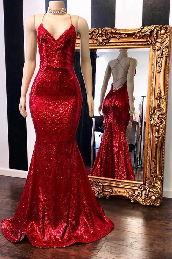 Spaghetti Straps Sequins Mermaid Long Red Prom Dress  gh2455