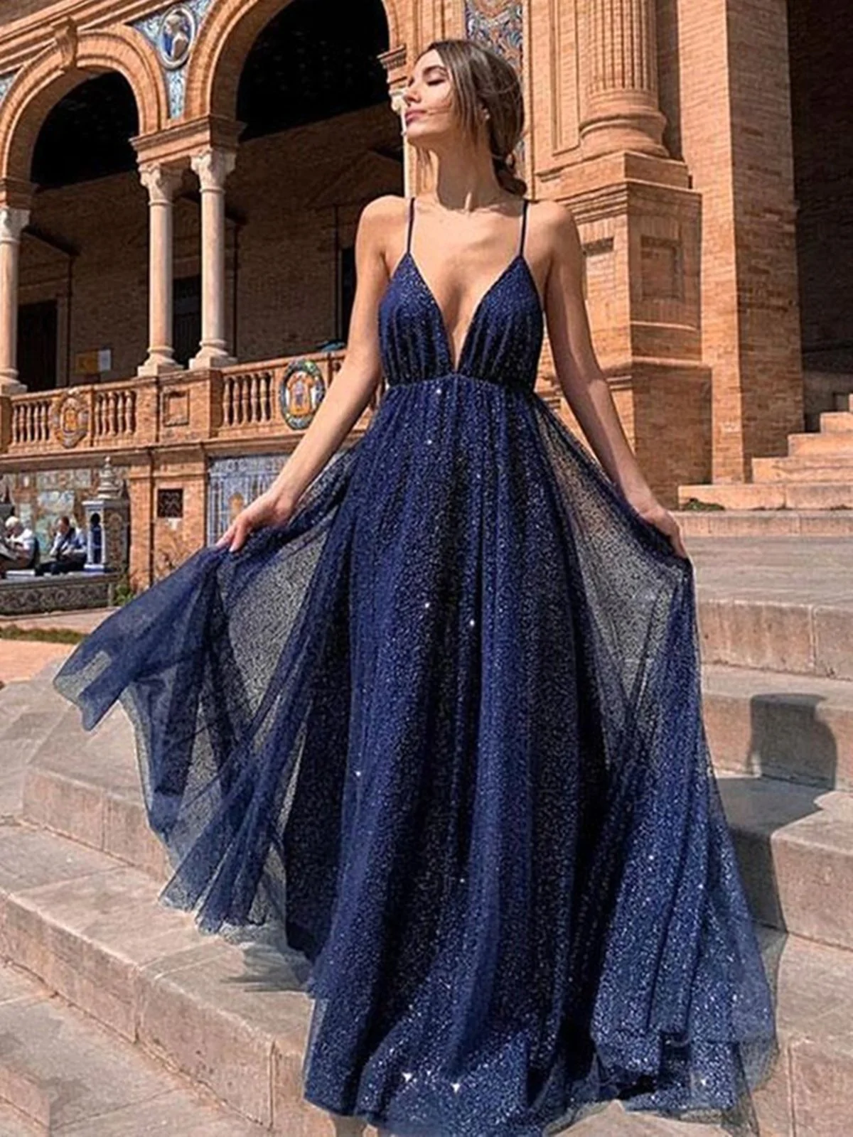 A Line V Neck Backless Blue Prom Dresses, V Neck Blue Backless Formal Graduation Evening Dresses  gh2090