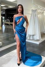 Gorgeous Ocean Blue Prom Dress Mermaid Long With Slit One Shoulder  gh1941