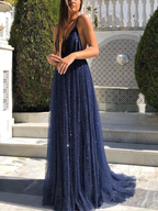 A Line V Neck Backless Blue Prom Dresses, V Neck Blue Backless Formal Graduation Evening Dresses  gh2090