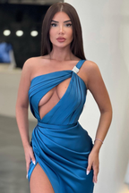 Gorgeous Ocean Blue Prom Dress Mermaid Long With Slit One Shoulder  gh1941