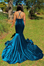 Mermaid Deep V Neck Backless Embroidery Blue Prom Dress gh2324
