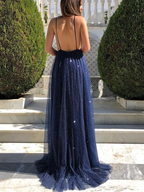 A Line V Neck Backless Blue Prom Dresses, V Neck Blue Backless Formal Graduation Evening Dresses  gh2090