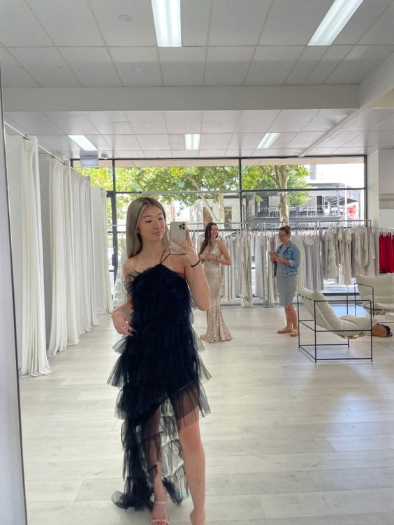 New Arrival Tiered Tulle Black Prom Dress, Long Evening Dress gh2883