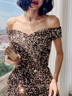 Simple A line Off The Shoulder Sequin Party Dresses Long Black Prom Dresses P732