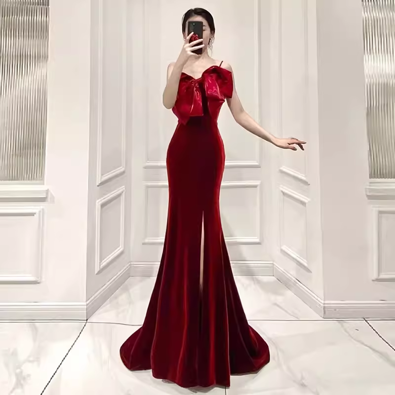 Mermaid Straps Velvet Red Party Dress Long Slit Prom Dress P875