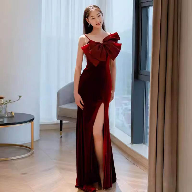 Mermaid Straps Velvet Red Party Dress Long Slit Prom Dress P875