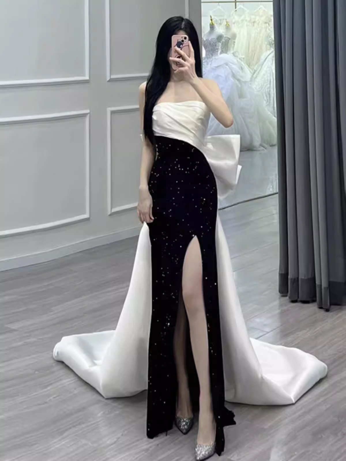 Mermaid Strapless Black Satin Long Slit Prom Dresses P1012