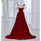 Modest A Line Long Short Sleeves Satin Red Prom Dresses P1235