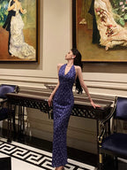 Sexy Sheath V Neckline Floral Blue Prom Dresses Birthday Outfits Evening Gown SD1028