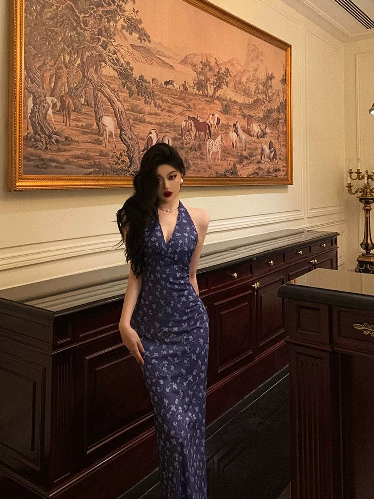 Sexy Sheath V Neckline Floral Blue Prom Dresses Birthday Outfits Evening Gown SD1028