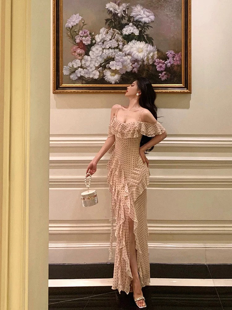 Classy Sheath Spaghetti Straps Floral Long Slit Prom Dresses Birthday Outfits Evening Gown SD1055