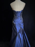 Sexy Sweetheart Sleeveless Mermaid Satin Long Navy Blue Prom Dresses SD1291