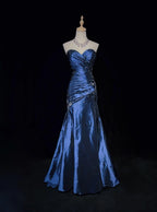 Sexy Sweetheart Sleeveless Mermaid Satin Long Navy Blue Prom Dresses SD1291