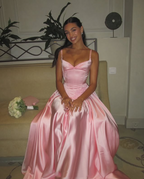 Elegant A Line Spaghetti Straps Satin Long Pink Evening Dress Prom Gown
