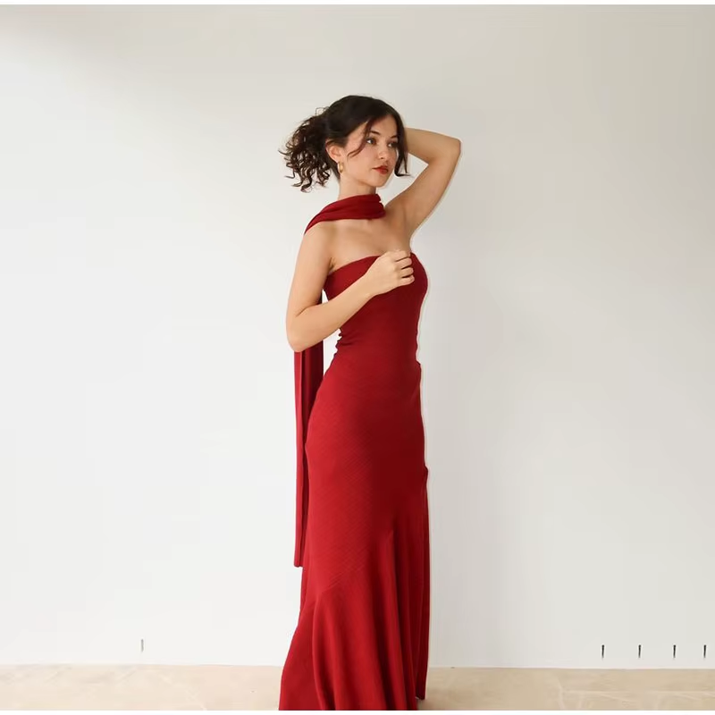 Pretty Mermaid Spaghetti Straps Floor Length Red Prom Dress Evening Dress Formal Dress With Ribbon SD2194
