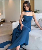 Pretty Mermaid Spaghetti Straps Floor Length Navy Blue Prom Dress Evening Dress Formal Dress With Ribbon SD2196