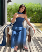 Pretty Mermaid Spaghetti Straps Floor Length Navy Blue Prom Dress Evening Dress Formal Dress With Ribbon SD2196