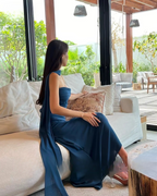 Pretty Mermaid Spaghetti Straps Floor Length Navy Blue Prom Dress Evening Dress Formal Dress With Ribbon SD2196