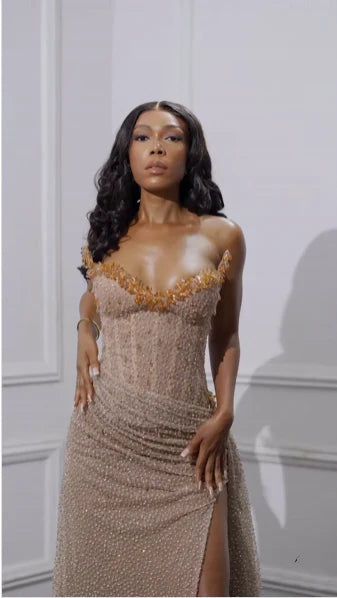 Enchanting Shiny Champagne Beaded Strapless Slit Prom Dress Evening Dress TP4330