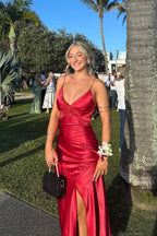Simple Mermaid Spaghetti Straps Neckline Long Party Dress Satin Red Prom Dresses SD2431