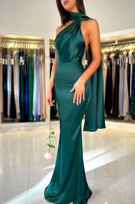 Classy Sheath High Neckline Satin Long Party Dress Green Prom Dresses SD2448
