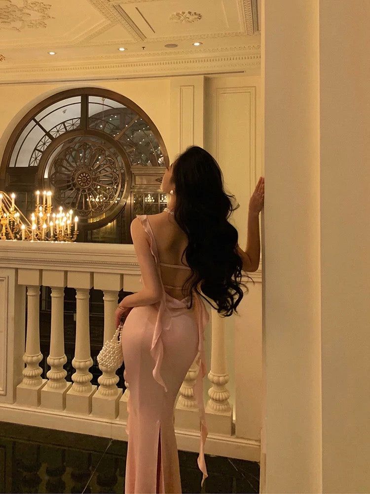 Sexy Mermaid Straps Neckline Backless Silk Satin Pink Slit Prom Dresses Birthday Outfits SD301