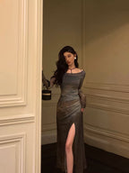 Sexy Sheath Floral 2 Pieces Long Sleeves Slit Prom Dresses Birthday Outfits SD311