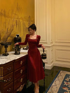 Simple A line Square Neckline Long Sleeves Red Prom Dresses Birthday Dress SD413