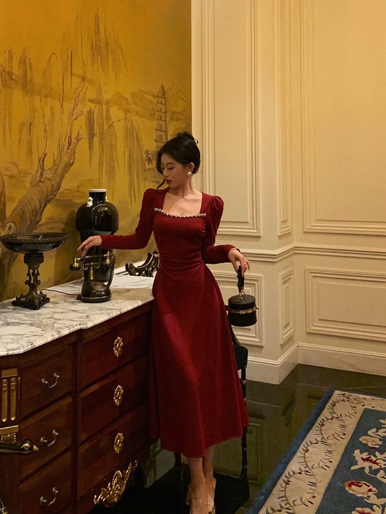 Simple A line Square Neckline Long Sleeves Red Prom Dresses Birthday Dress SD413