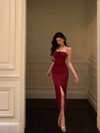 Sexy Sheath Halter Red Ankle Length Slit Prom Dresses Birthday Dress SD425