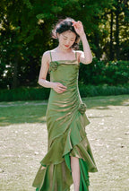 Vintage High Low Spaghetti Straps Ruffles Green Prom Dresses Birthday Outfits SD468