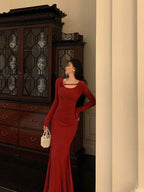 Gorgeous Mermaid Jewel Neckline Long Sleeves Date Night Dress Red Prom Dresses Birthday Outfits SD667