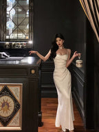 Sexy Mermaid Spaghetti Straps White Satin Slit Prom Dresses Birthday Outfits SD675