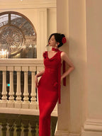 Pretty Sheath Straps Sleeveless Floral Date Night Dress Red Prom Dresses Birthday Outfits SD715