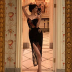 Sexy Sheath Spaghetti Straps Black Floral Slit Prom Dresses Birthday Outfits SD753