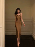 Sexy Sheath Spaghetti Straps Brown Satin Tea Length Slit Prom Dresses Birthday Outfit SD776