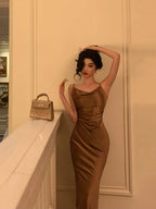 Sexy Sheath Spaghetti Straps Brown Satin Tea Length Slit Prom Dresses Birthday Outfit SD776