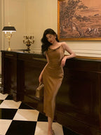 Sexy Sheath Spaghetti Straps Brown Satin Tea Length Slit Prom Dresses Birthday Outfit SD776